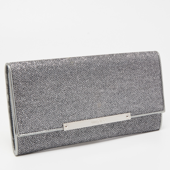 JIMMY CHOO Silver Glitter and Leather Metal Logo Flap Clutch - Picture 3 of 8